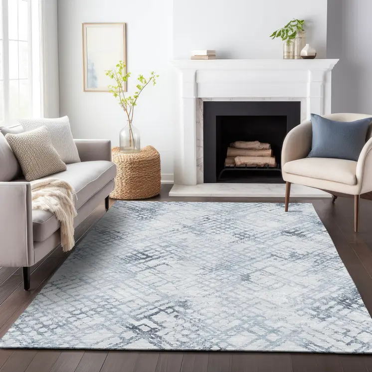 9' X 12' Navy Blue And Sky Blue Geometric Washable Indoor Outdoor Area Rug