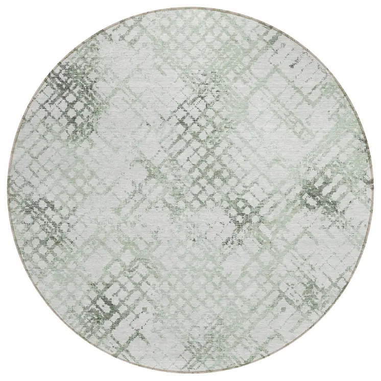 8' Artichoke Green And Ivory Round Geometric Washable Indoor Outdoor Area Rug