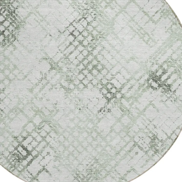 8' Artichoke Green And Ivory Round Geometric Washable Indoor Outdoor Area Rug