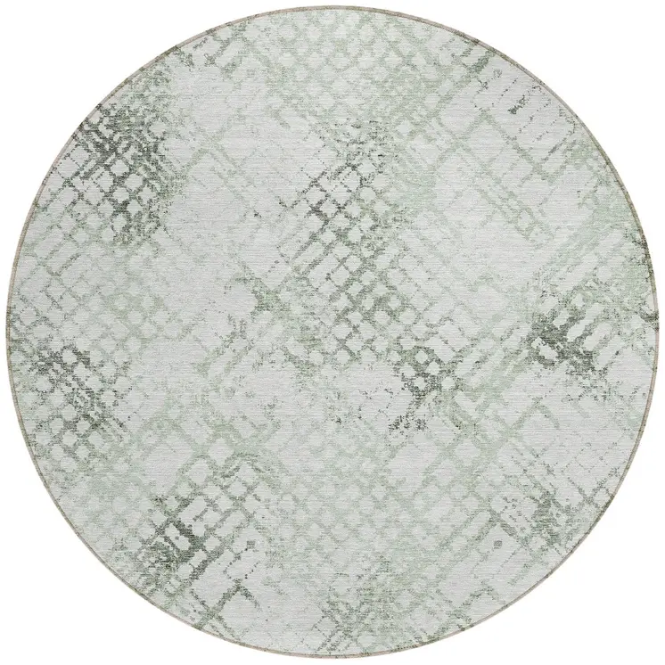 8' Artichoke Green And Ivory Round Geometric Washable Indoor Outdoor Area Rug