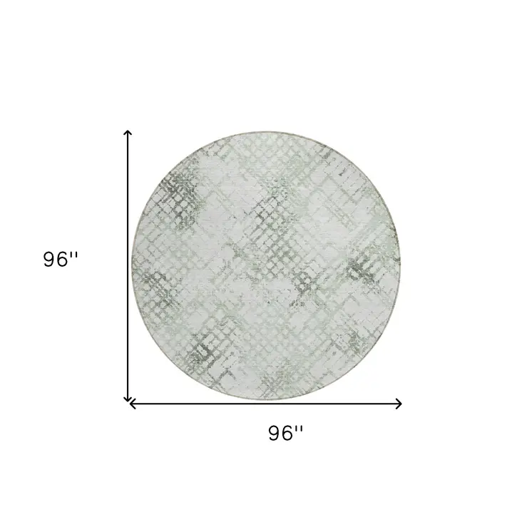 8' Artichoke Green And Ivory Round Geometric Washable Indoor Outdoor Area Rug
