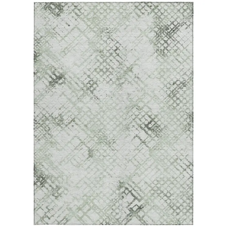 8' X 10' Artichoke Green And Ivory Geometric Washable Indoor Outdoor Area Rug