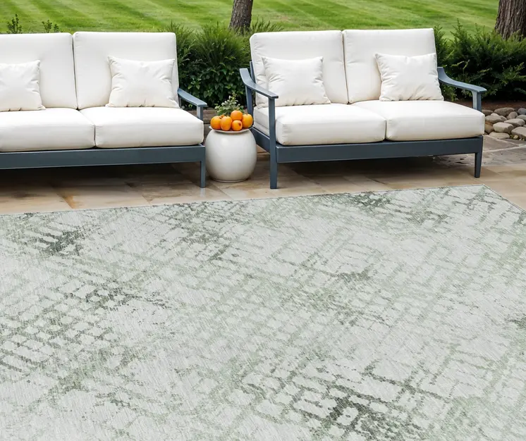8' X 10' Artichoke Green And Ivory Geometric Washable Indoor Outdoor Area Rug