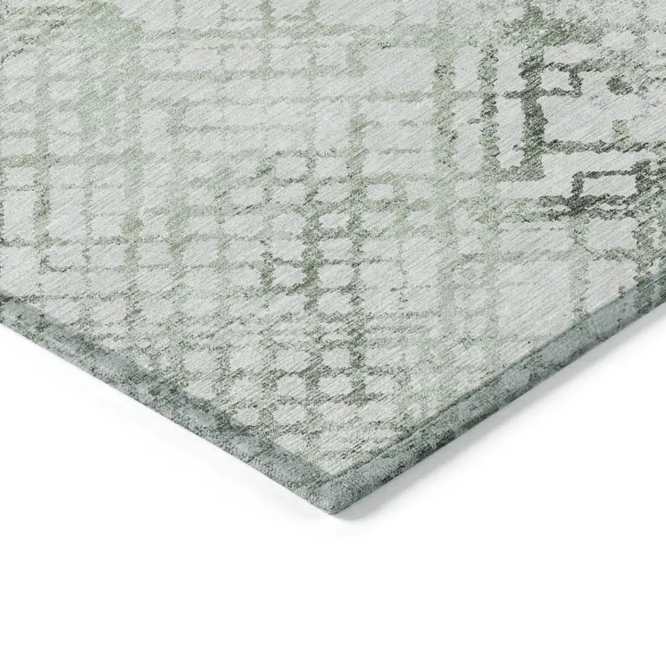 8' X 10' Artichoke Green And Ivory Geometric Washable Indoor Outdoor Area Rug