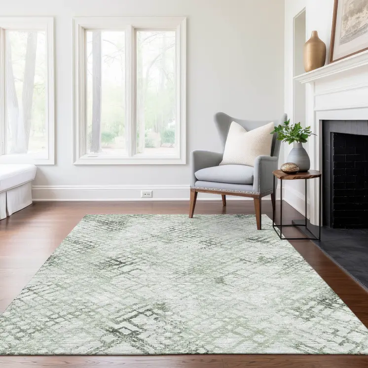 10' X 14' Artichoke Green And Ivory Geometric Washable Indoor Outdoor Area Rug
