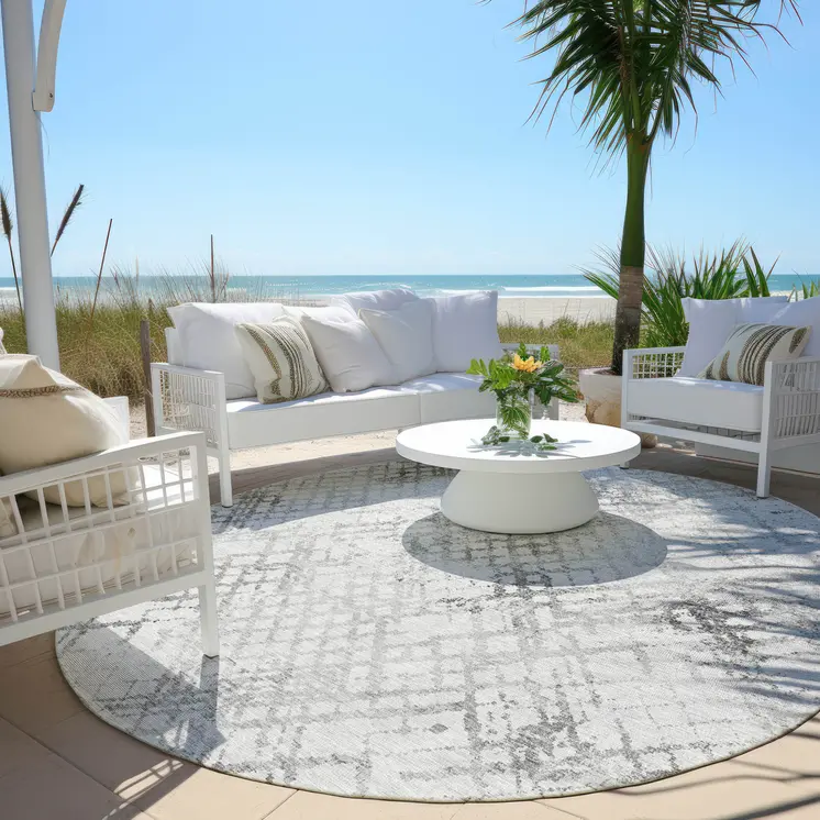 8' Gray Charcoal And Silver Round Geometric Washable Indoor Outdoor Area Rug