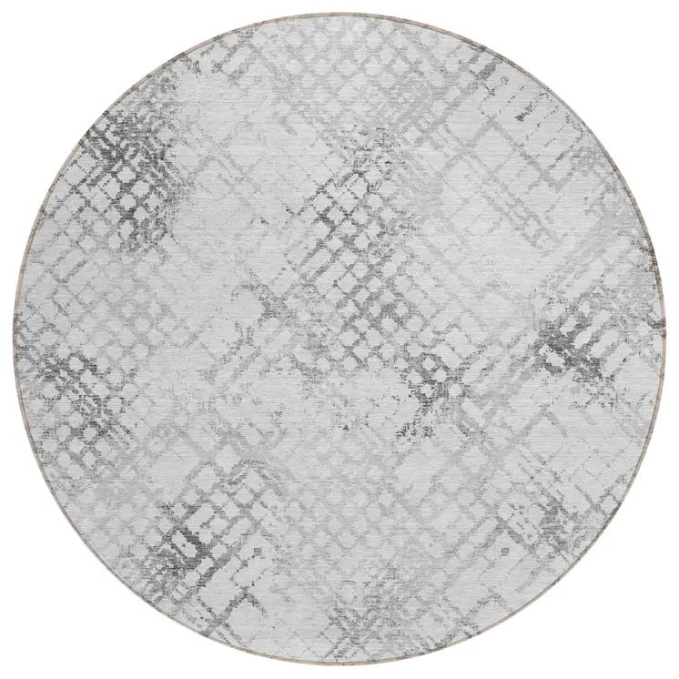 8' Gray Charcoal And Silver Round Geometric Washable Indoor Outdoor Area Rug
