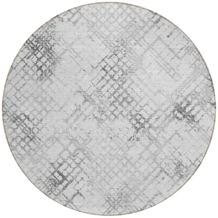 8' Gray Charcoal And Silver Round Geometric Washable Indoor Outdoor Area Rug