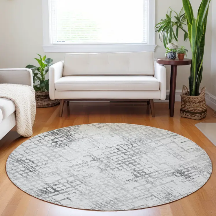 8' Gray Charcoal And Silver Round Geometric Washable Indoor Outdoor Area Rug