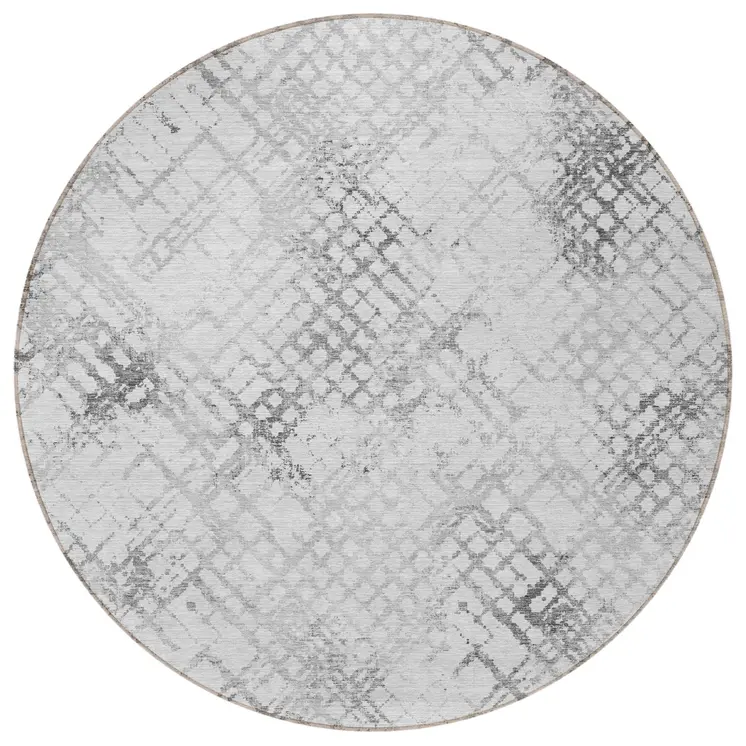 8' Gray Charcoal And Silver Round Geometric Washable Indoor Outdoor Area Rug