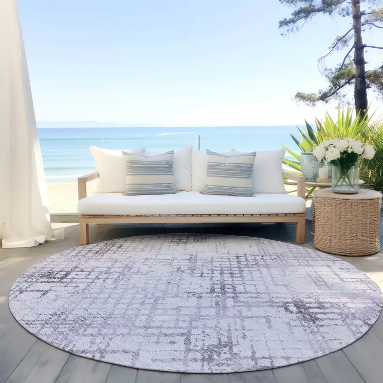 8' Purple Lavender And Silver Round Geometric Washable Indoor Outdoor Area Rug
