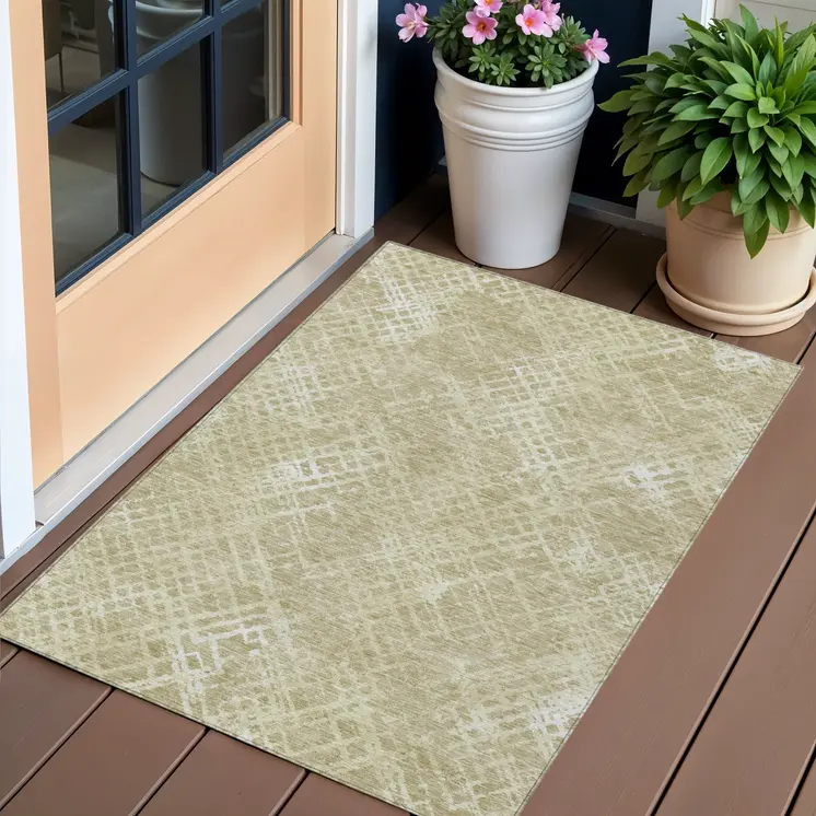 3' X 5' Beige Tan And Ivory Geometric Washable Indoor Outdoor Area Rug