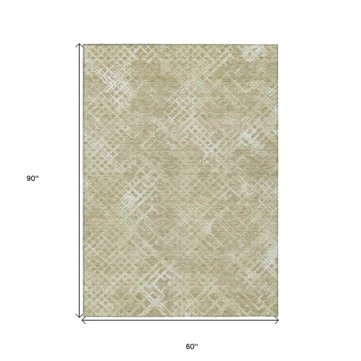 5' X 8' Beige Tan And Ivory Geometric Washable Indoor Outdoor Area Rug