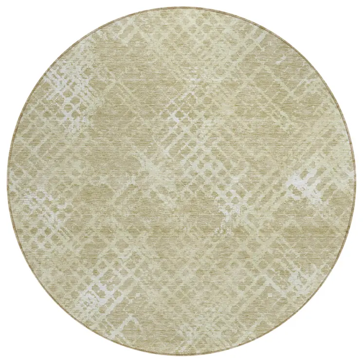 8' Beige Tan And Ivory Round Geometric Washable Indoor Outdoor Area Rug