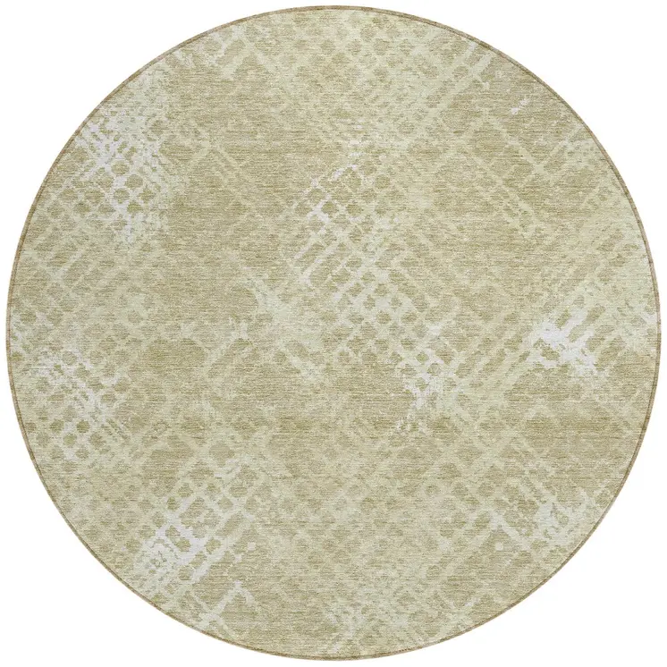 8' Beige Tan And Ivory Round Geometric Washable Indoor Outdoor Area Rug