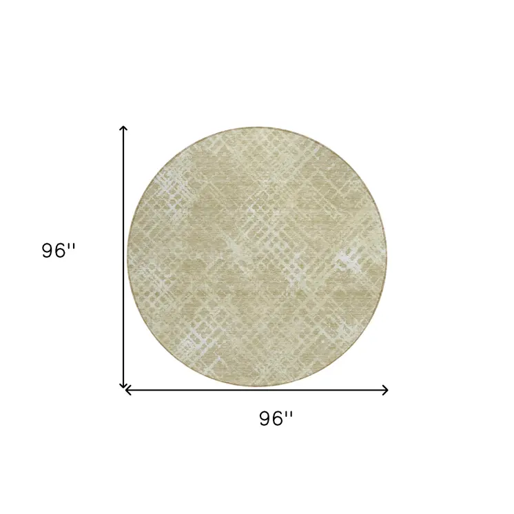 8' Beige Tan And Ivory Round Geometric Washable Indoor Outdoor Area Rug