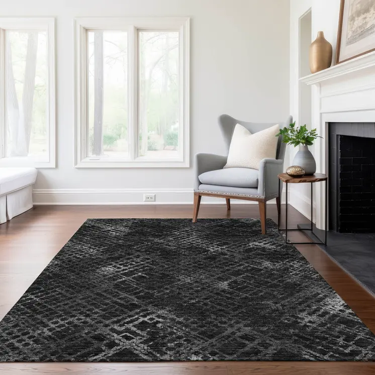3' X 5' Charcoal Gray And Silver Geometric Washable Indoor Outdoor Area Rug