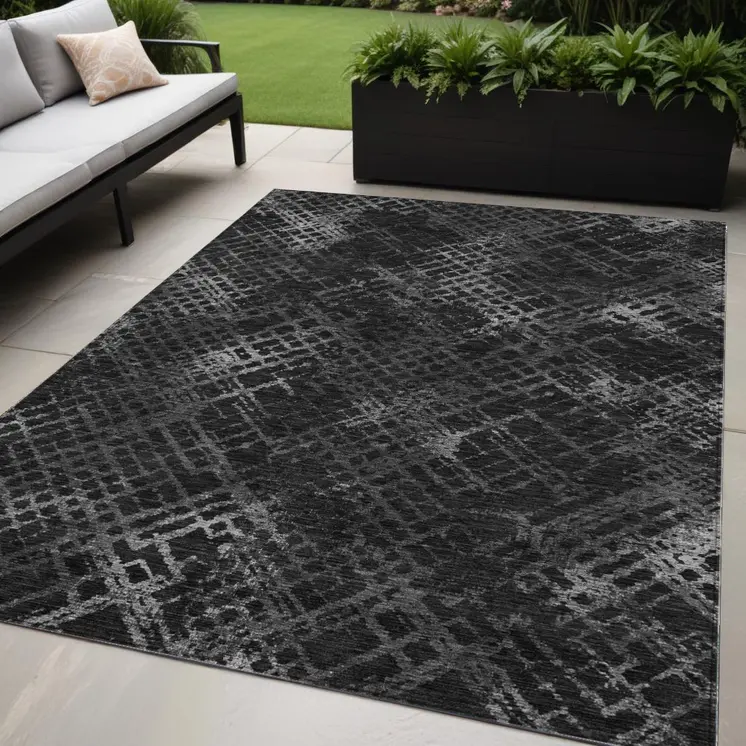 5' X 8' Charcoal Gray And Silver Geometric Washable Indoor Outdoor Area Rug