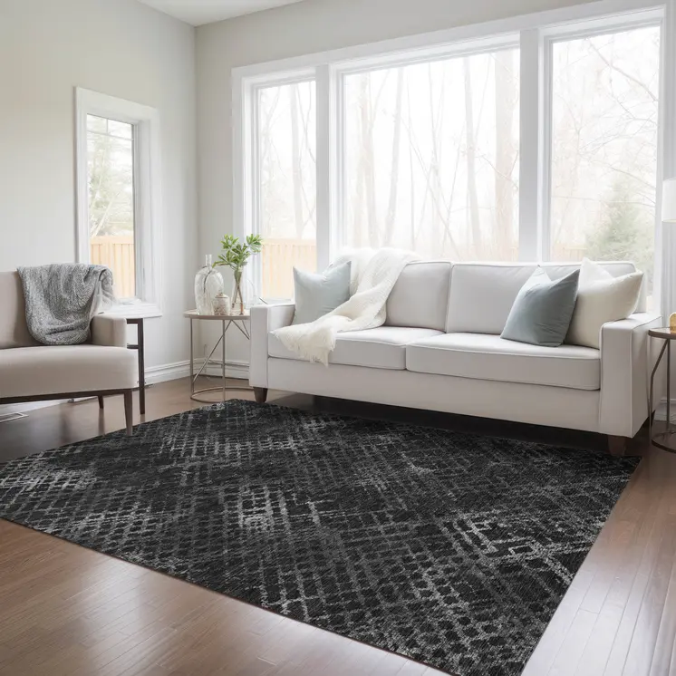 5' X 8' Charcoal Gray And Silver Geometric Washable Indoor Outdoor Area Rug