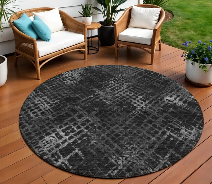 8' Charcoal Gray And Silver Round Geometric Washable Indoor Outdoor Area Rug