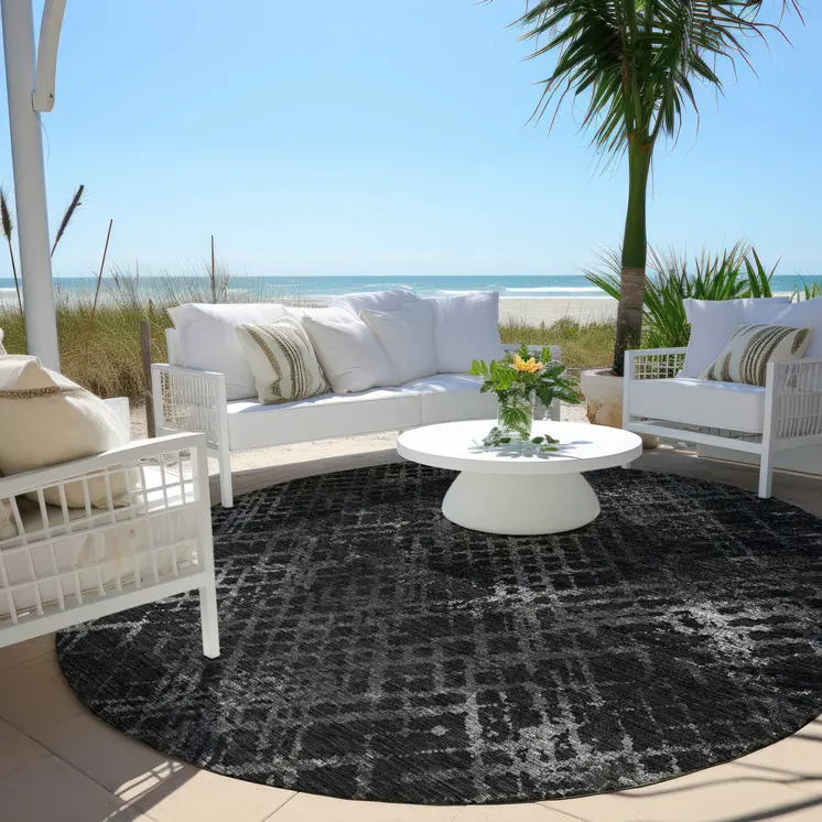 8' Charcoal Gray And Silver Round Geometric Washable Indoor Outdoor Area Rug