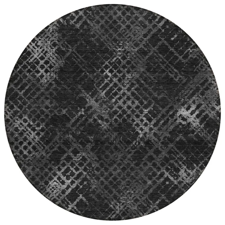 8' Charcoal Gray And Silver Round Geometric Washable Indoor Outdoor Area Rug