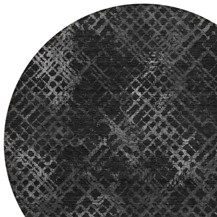 8' Charcoal Gray And Silver Round Geometric Washable Indoor Outdoor Area Rug