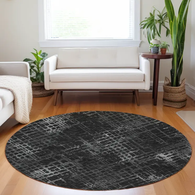 8' Charcoal Gray And Silver Round Geometric Washable Indoor Outdoor Area Rug