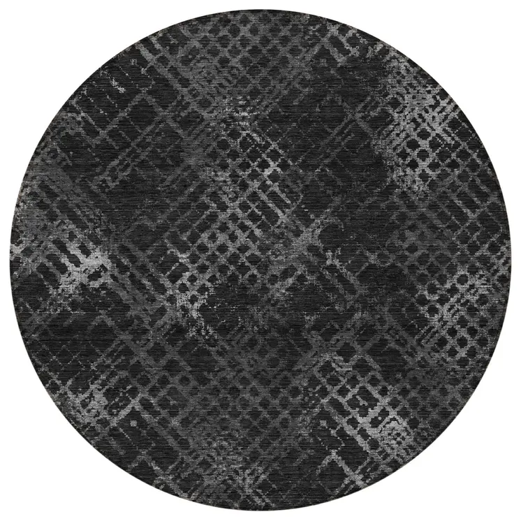 8' Charcoal Gray And Silver Round Geometric Washable Indoor Outdoor Area Rug