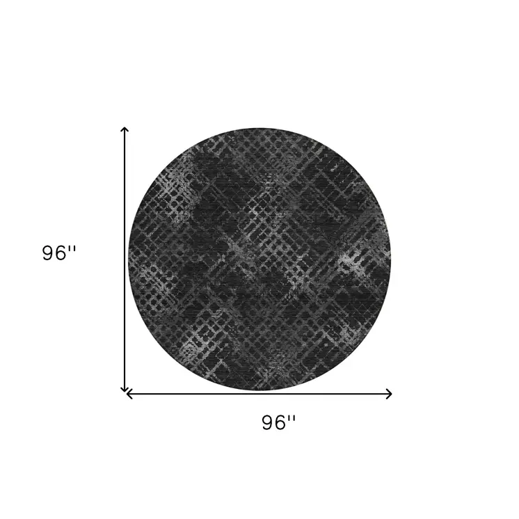 8' Charcoal Gray And Silver Round Geometric Washable Indoor Outdoor Area Rug