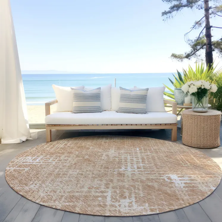 8' Coral Ivory And Peach Round Geometric Washable Indoor Outdoor Area Rug