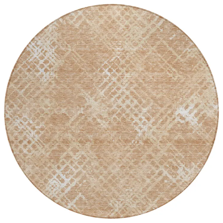 8' Coral Ivory And Peach Round Geometric Washable Indoor Outdoor Area Rug