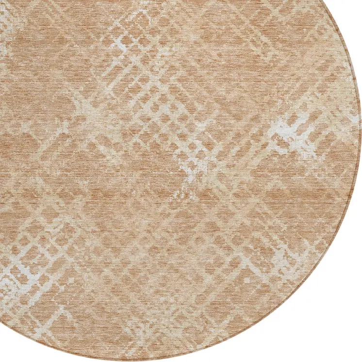 8' Coral Ivory And Peach Round Geometric Washable Indoor Outdoor Area Rug