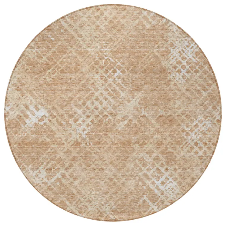 8' Coral Ivory And Peach Round Geometric Washable Indoor Outdoor Area Rug
