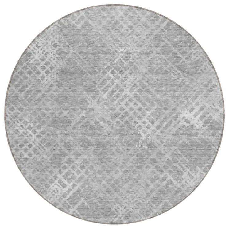 8' Gray And Silver Round Geometric Washable Indoor Outdoor Area Rug