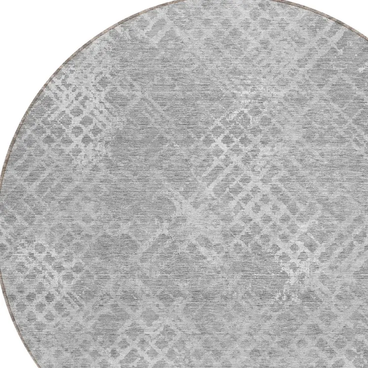 8' Gray And Silver Round Geometric Washable Indoor Outdoor Area Rug