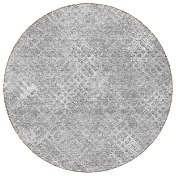8' Gray And Silver Round Geometric Washable Indoor Outdoor Area Rug