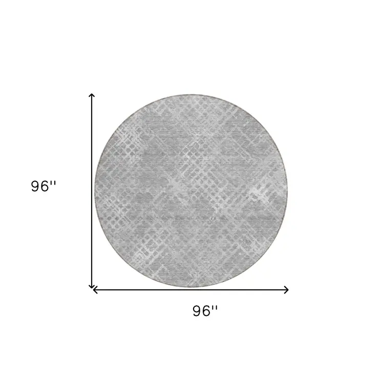 8' Gray And Silver Round Geometric Washable Indoor Outdoor Area Rug