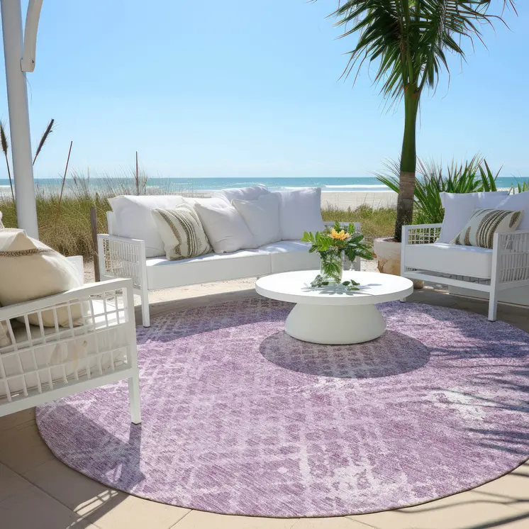 8' Lavender Purple And Ivory Round Geometric Washable Indoor Outdoor Area Rug