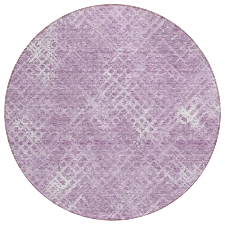 8' Lavender Purple And Ivory Round Geometric Washable Indoor Outdoor Area Rug