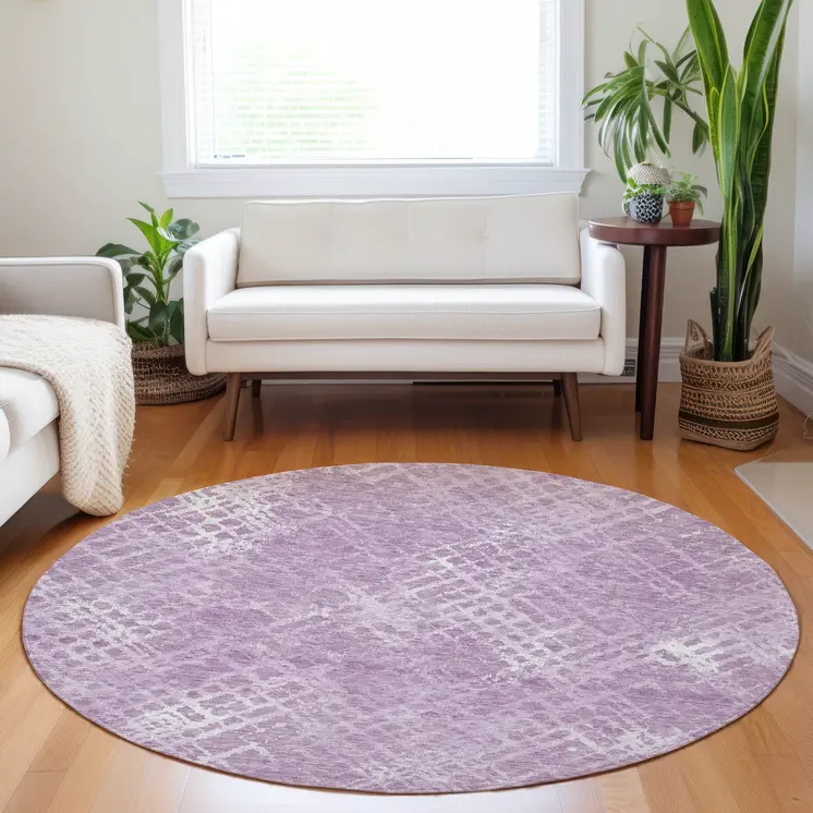 8' Lavender Purple And Ivory Round Geometric Washable Indoor Outdoor Area Rug