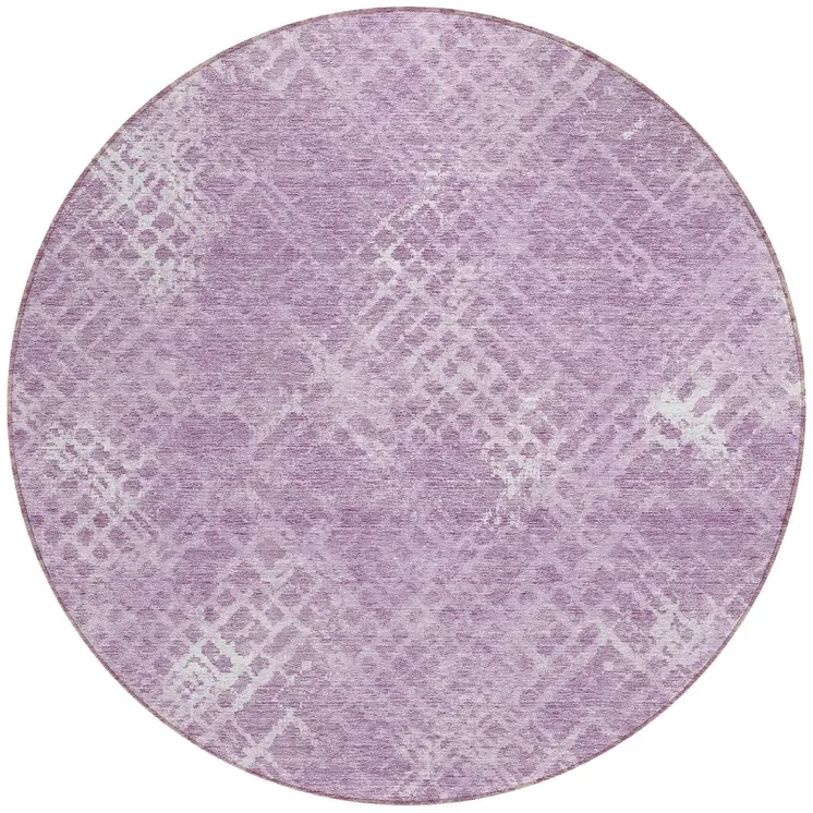 8' Lavender Purple And Ivory Round Geometric Washable Indoor Outdoor Area Rug