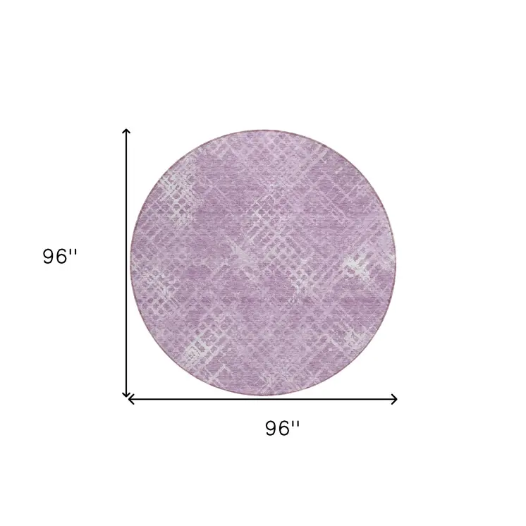 8' Lavender Purple And Ivory Round Geometric Washable Indoor Outdoor Area Rug