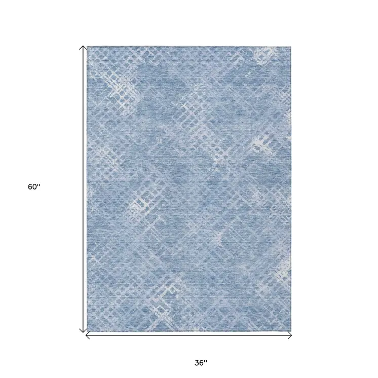 3' X 5' Sky Blue And Denim Blue Geometric Washable Indoor Outdoor Area Rug