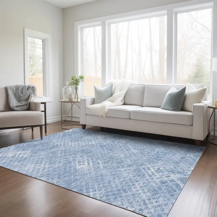 3' X 5' Sky Blue And Denim Blue Geometric Washable Indoor Outdoor Area Rug