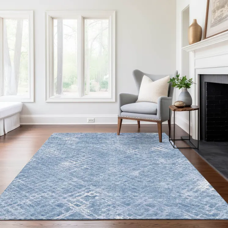 5' X 8' Sky Blue And Denim Blue Geometric Washable Indoor Outdoor Area Rug