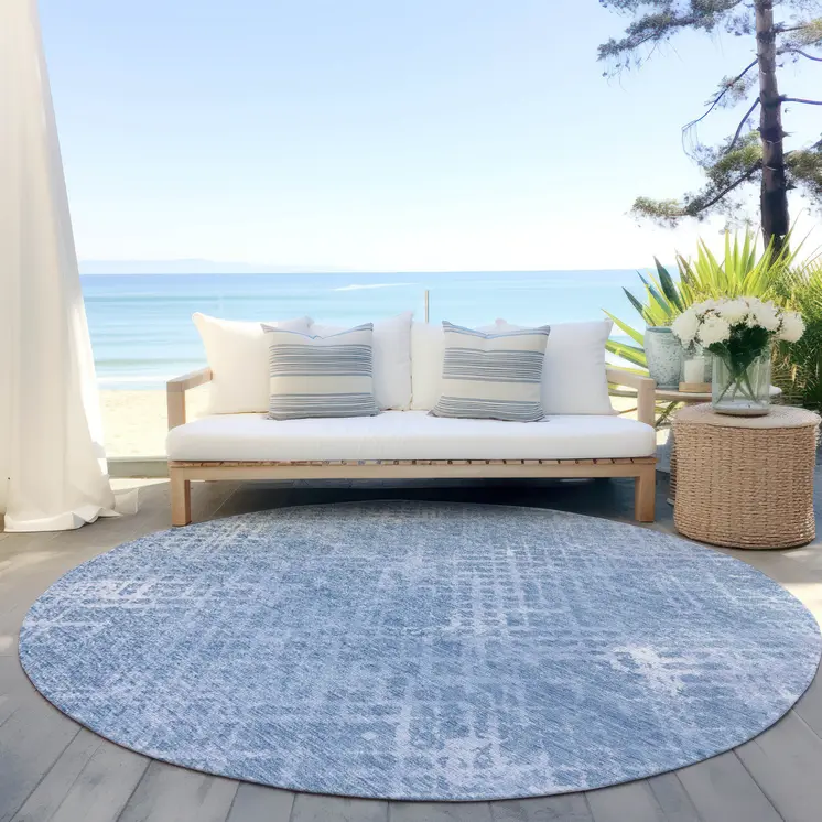 8' Sky Blue And Denim Blue Round Geometric Washable Indoor Outdoor Area Rug