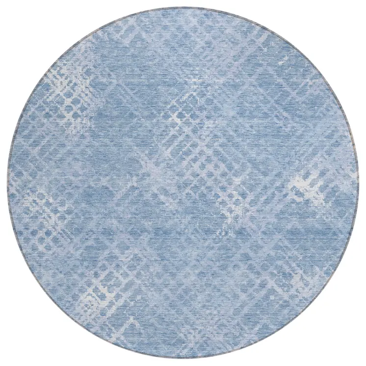 8' Sky Blue And Denim Blue Round Geometric Washable Indoor Outdoor Area Rug