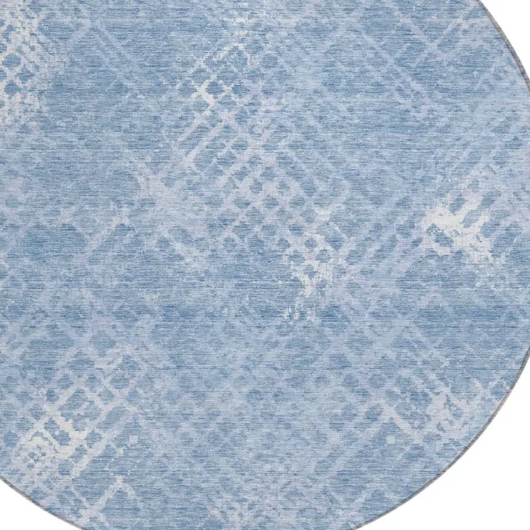 8' Sky Blue And Denim Blue Round Geometric Washable Indoor Outdoor Area Rug