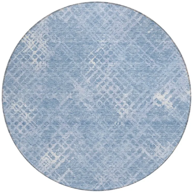 8' Sky Blue And Denim Blue Round Geometric Washable Indoor Outdoor Area Rug